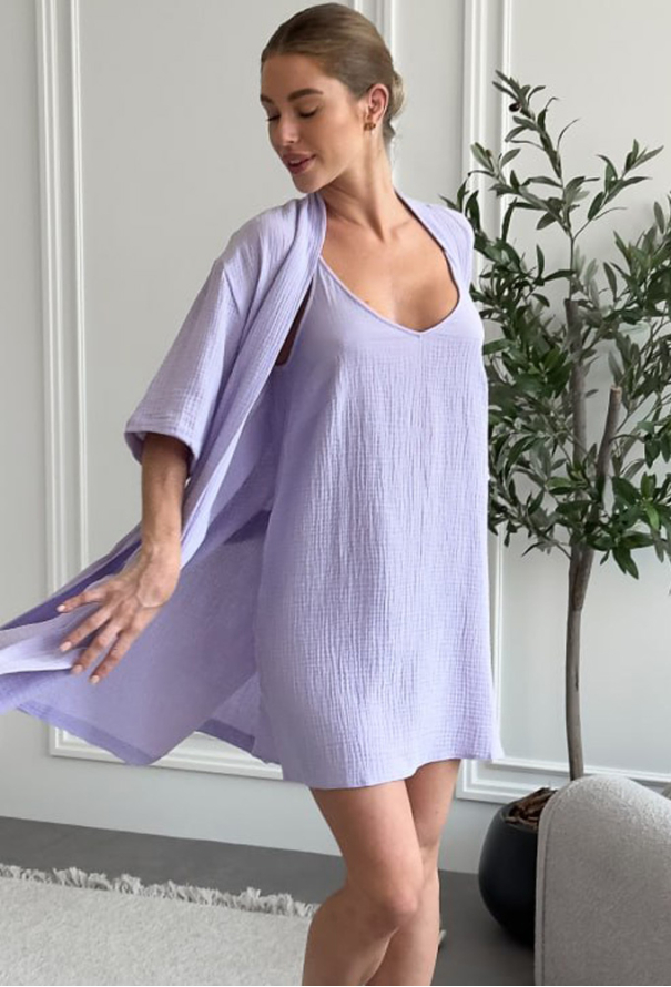 Ночнушка с халатом муслин Lavanda Cosy SetLavanda1 фото